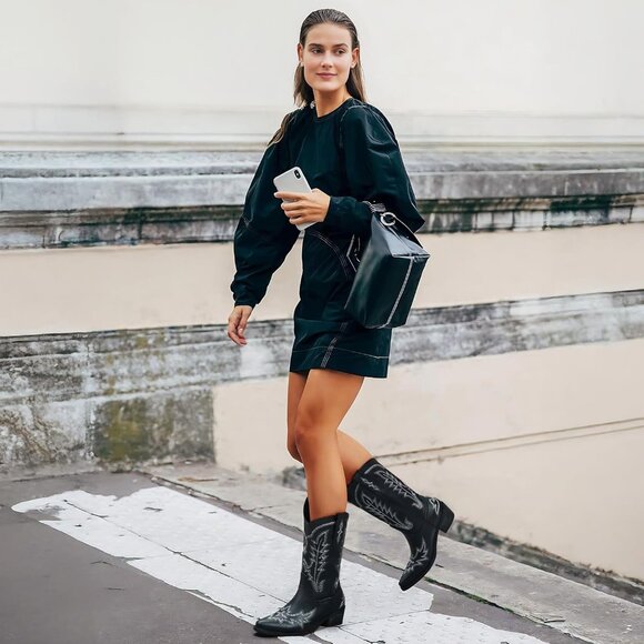 Women Black Polyurethane (PU Embroided Chunky Heel Mid Calf Fashion Western Boot - Picture 2 of 4